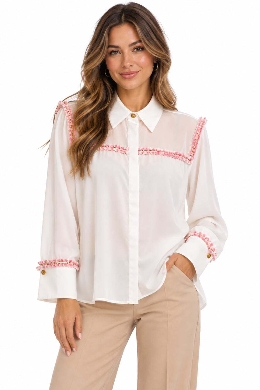 Zara Women's White Pink Tweed Trim Sheer Button Down Blouse (Size M)